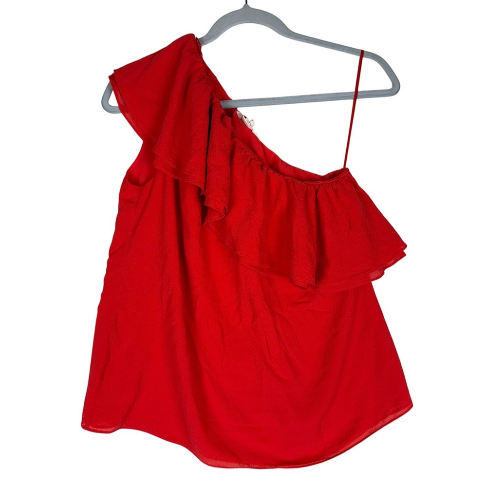 Rebecca Taylor Top Women 2 Red Silk One Shoulder Ruffle Chiffon Asymmetrical Hem